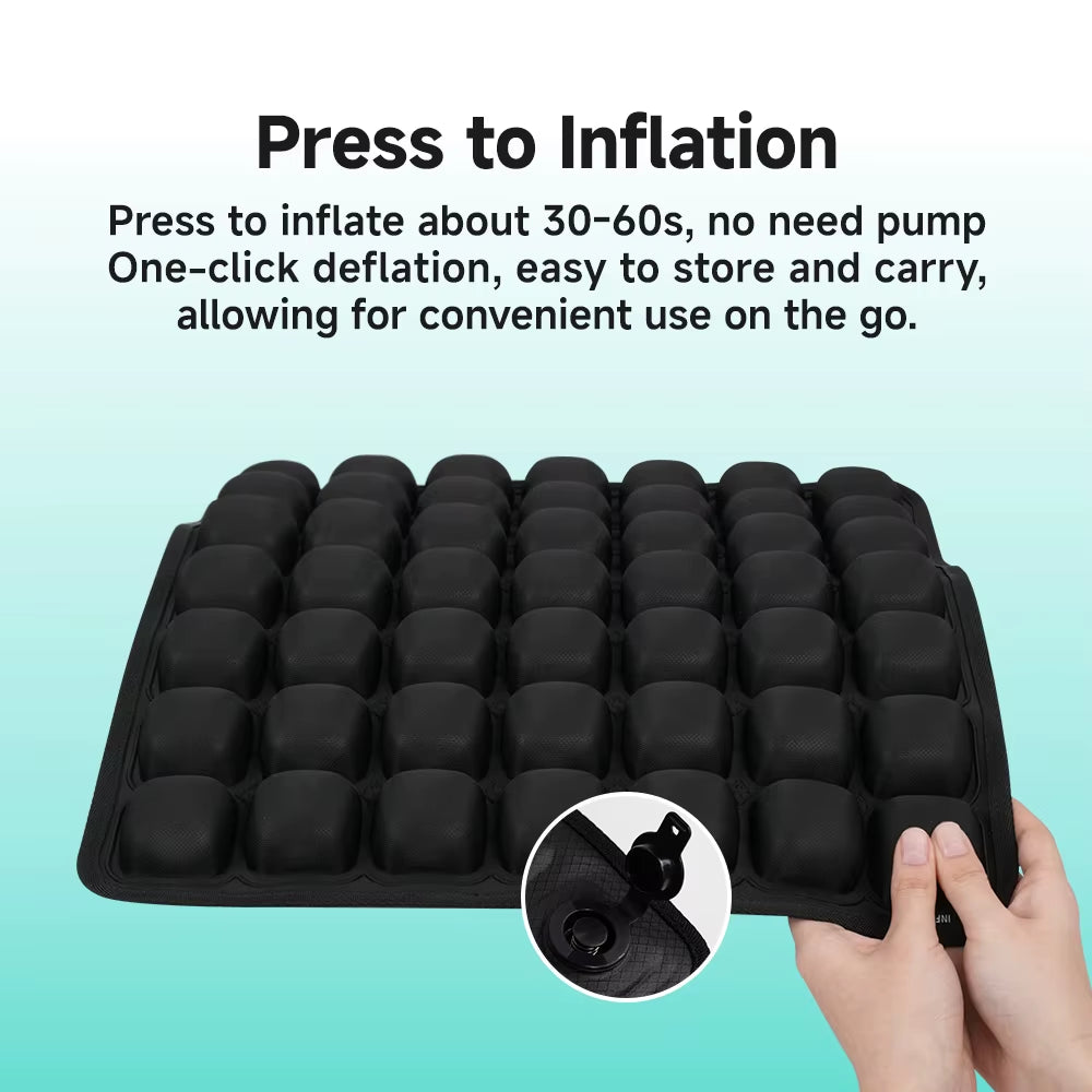 Black 3D honeycomb-style inflatable cushion being pressed to demonstrate air-cell comfort and posture support