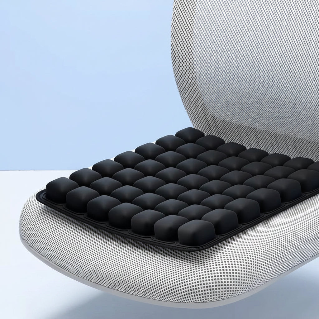 Black 3D honeycomb-style inflatable cushion being pressed to demonstrate air-cell comfort and posture support